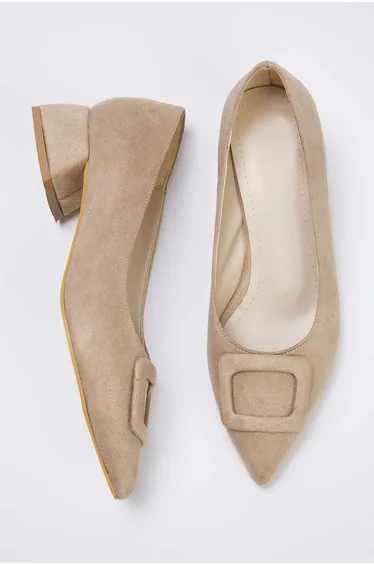 Beige Buckle Detailed Pointed Toe Women's Block Heel Shoes