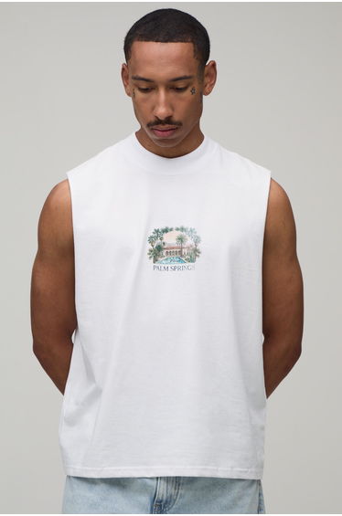 White Oversized Boxy Palm Springs Print Tank - white
