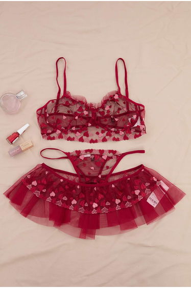 Burgundy Heart Capless Fantasy 3-Piece Set Plus Size Lingerie Set -