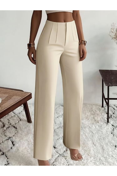 Solid Pleated Waist Straight Leg Pants