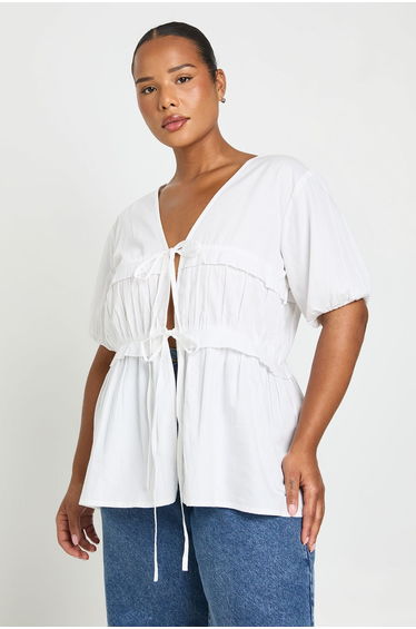 Plus Ruched Tie Front Detail Short Sleeve Smock Top - white