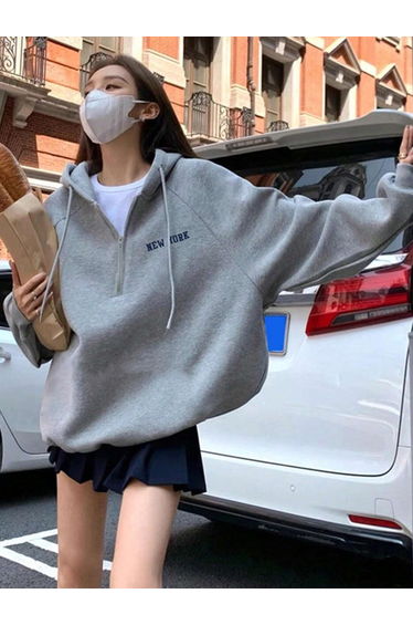Grey Relaxed Fit Hoodie with Quarter Zip