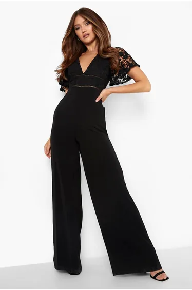 Plunge Lace Wide Leg Jumpsuit - black