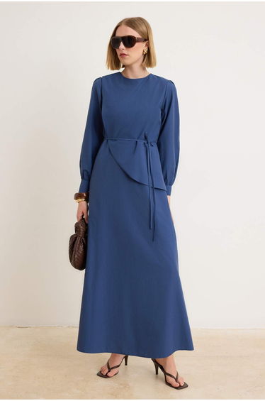 Indigo Belted Unlined Plain Woven Dress & Jumpsuit Terrycotton Hijab Dress