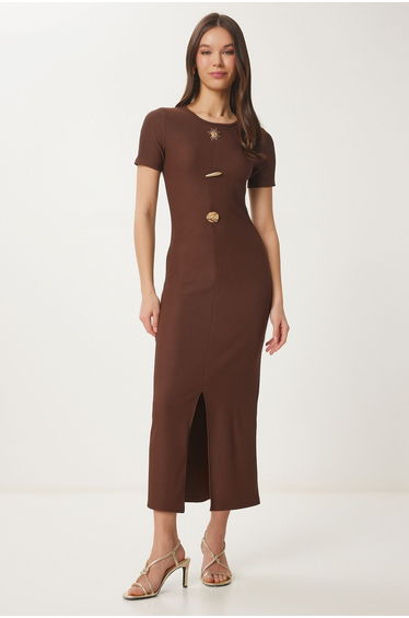Women's Brown Ribbed Knitted Dress with Gold Accessories