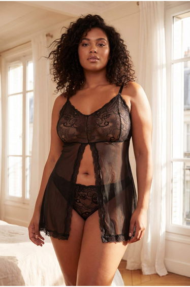 Black Lace Piece Buttoned Strap Cup-Free Panty Babydoll/Fantasy Nightgown