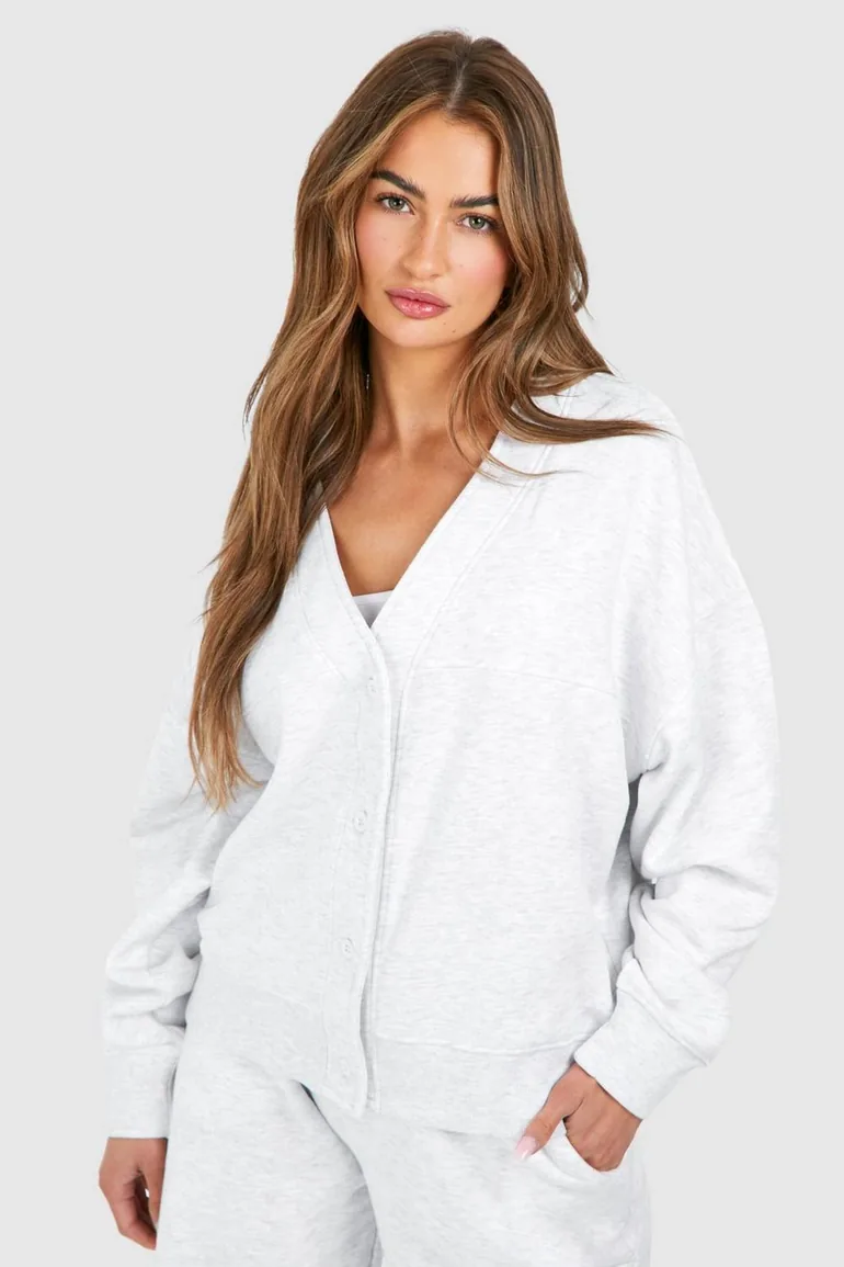 Button Through Cardigan Sweatshirt And Straight Leg Jogger Tracksuit - ash grey - 3