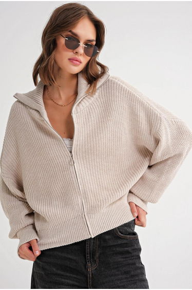 Mixray Zipped Collar Oversize Textured Knit Cardigan