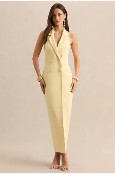 Hana | Lemon Plunge-Neck Tailored Maxi Dress