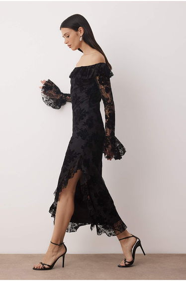 Black ruffled flocked tulle printed maxi dress with lining
