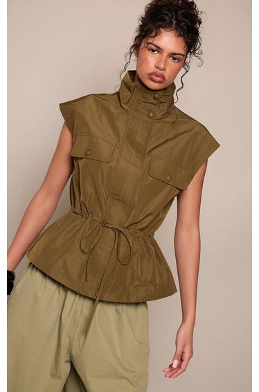 Khaki Funnel Neck Cinch Gilet