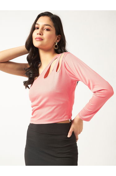 Peach Ribbed One-Shoulder Crop Top