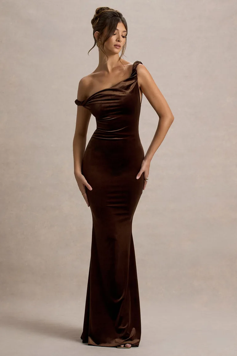 Shop Neeka | Brown Velvet Twisted Asymmetric Maxi Dress Club L London  Online in Libya