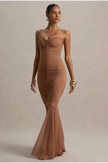 Talisa | Mocha Ruched Fishtail Maxi Dress With Mesh Hem