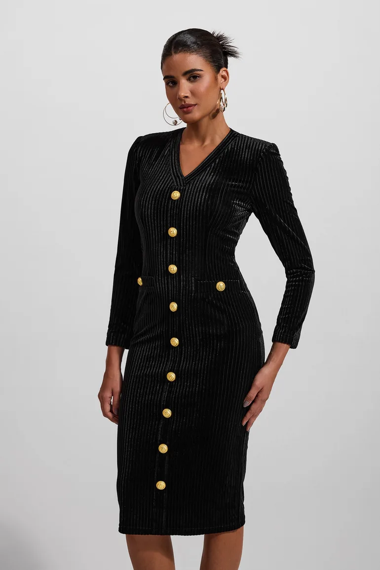 Joséphine Velvet V-Neck Metal Button Midi Dress - 2
