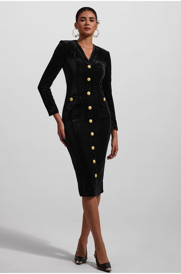 Joséphine Velvet V-Neck Metal Button Midi Dress