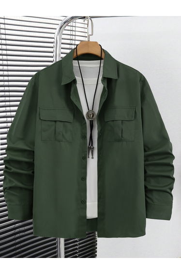 Men Solid Pocket Detail Long Sleeve Shirt