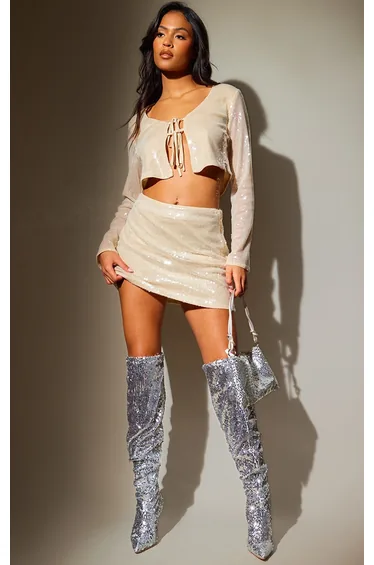 Tall Nude Pink Sequin Tie Front Crop Top