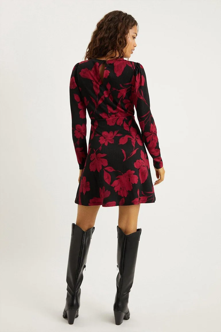 Petite Red Floral Puff Sleeve Fit And Flare Mini Dress - 2