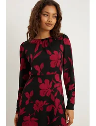 Petite Red Floral Puff Sleeve Fit And Flare Mini Dress - 1