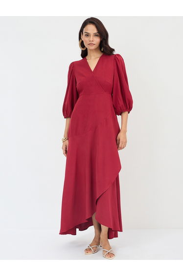 Red Wrap Ruffle Balloon Sleeve Maxi Dress