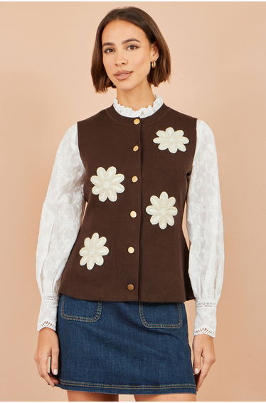 Yumi Brown Flower Applique Knit Waistcoat