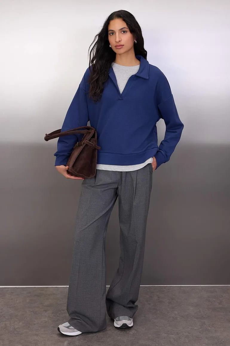 Navy blue polo neck double layer knitted sweatshirt