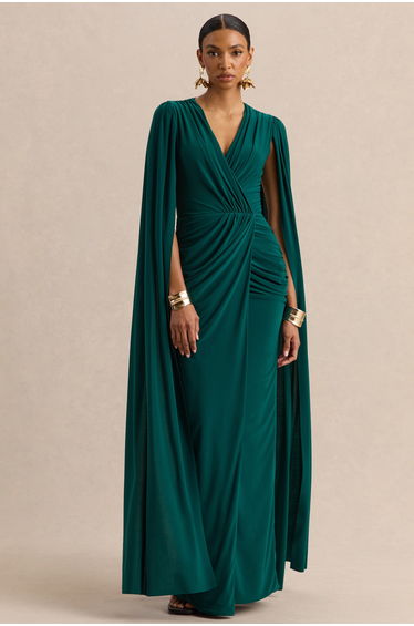 Ulissia | Bottle Green V-Neck Maxi Dress With Cape-Sleeves