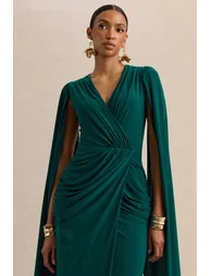 Ulissia | Bottle Green V-Neck Maxi Dress With Cape-Sleeves - 2