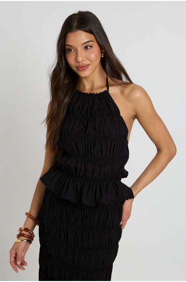 Shirred Chiffon Halterneck Top - black