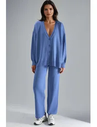 MY FASHION V-Neck Cardigan and Wide Leg Pants Knitwear Set - 1