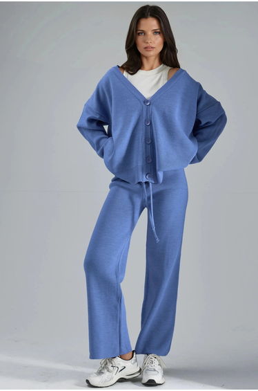 MY FASHION V-Neck Cardigan and Wide Leg Pants Knitwear Set