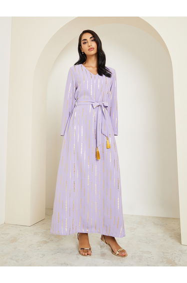 Women Foil Print Jalabiya with Tassel Trim Belt