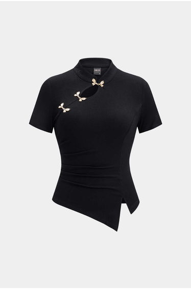 Metallic Buckle Cut Out Asymmetrical Short Sleeve T-Shirt
