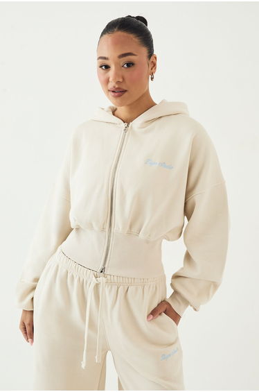 DSGN Studio Script Embroidered Cinched Deep Hem Zip Through Hoodie - cream