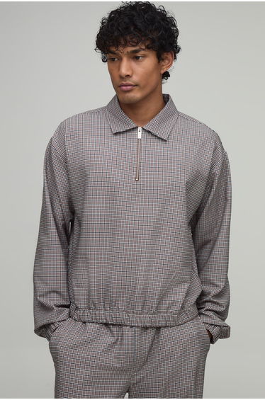 Oversized Check Technical Stretch Harrington Overshirt - ecru