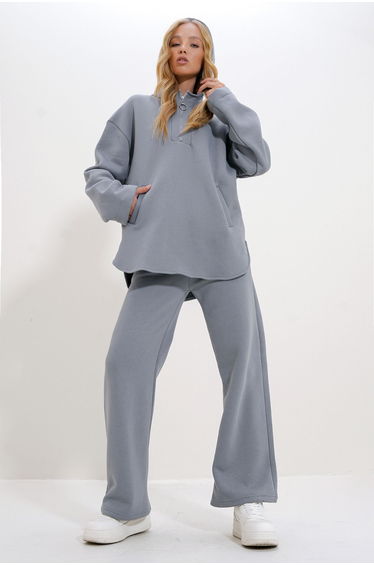 Women's Gray Hooded Zippered Double Pocket 3 Yarn Inside Raised Tracksuit