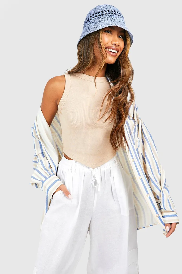 Thick Binding V Hem Rib Vest - stone - 2