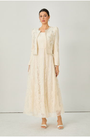 Perfectly Captivating Beige Paisley Embroidery Jacket & Dress Set