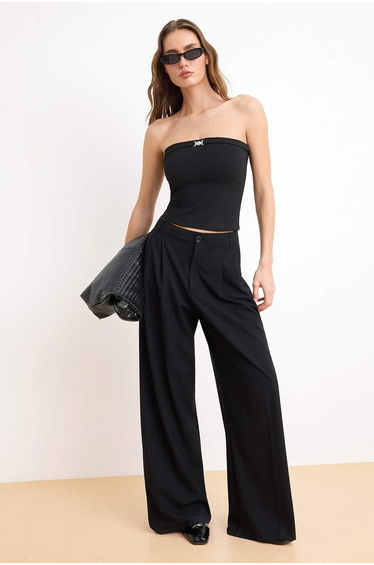 Black Fitted/Bodycon Strapless Sleeveless Accessory Detail Interlock Knitted Blouse