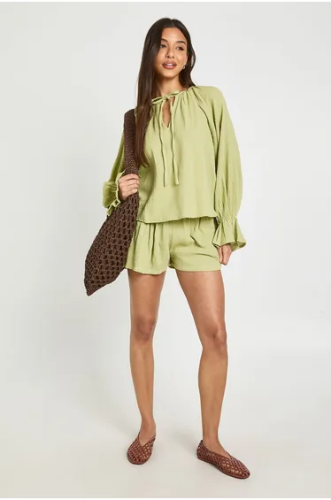Cheesecloth Milkmaid Blouse and Short Co-ord - pistachio