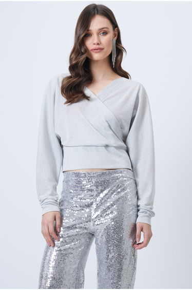 Women's Silvery Gray Front Back V-Neck Double-Breasted Cut Silvery Knitted Blouse