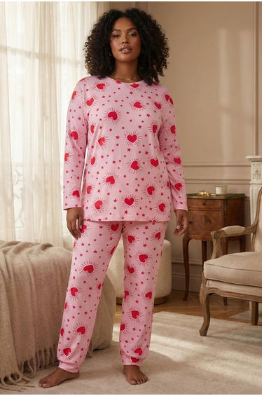 Pink Heart T-shirt-Jogger Knitted Pajama Set