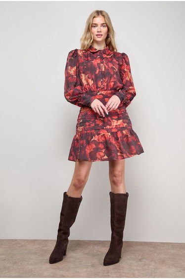 Long Sleeve Button Up Collar Detail Mini Dress