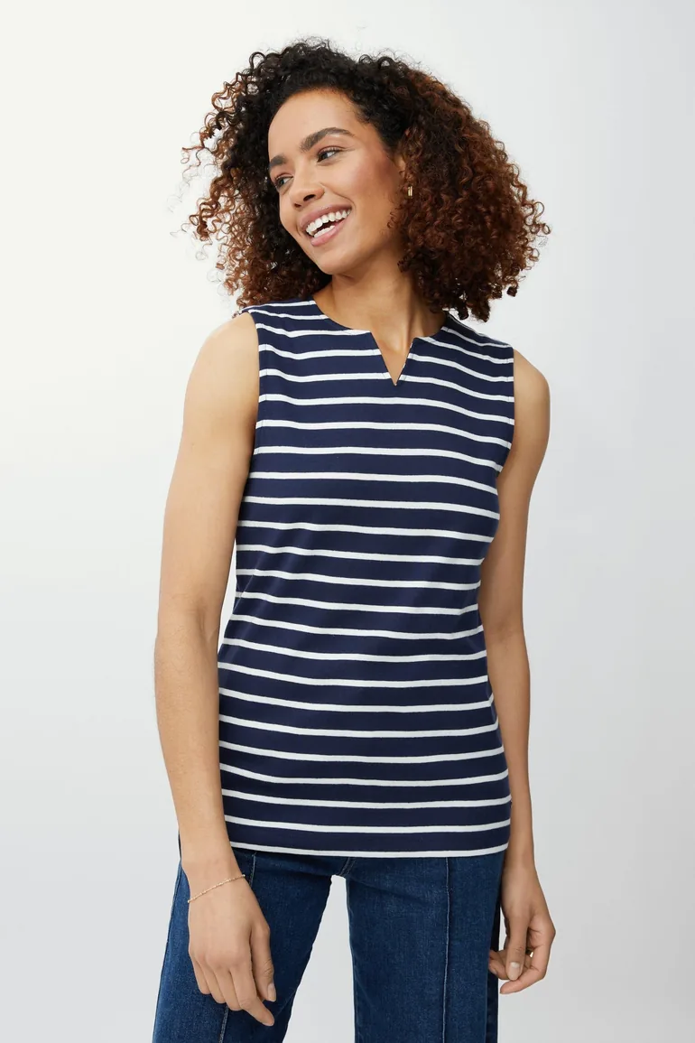 Sleeveless Breton Stripe Notch Neck Top - navy - 1