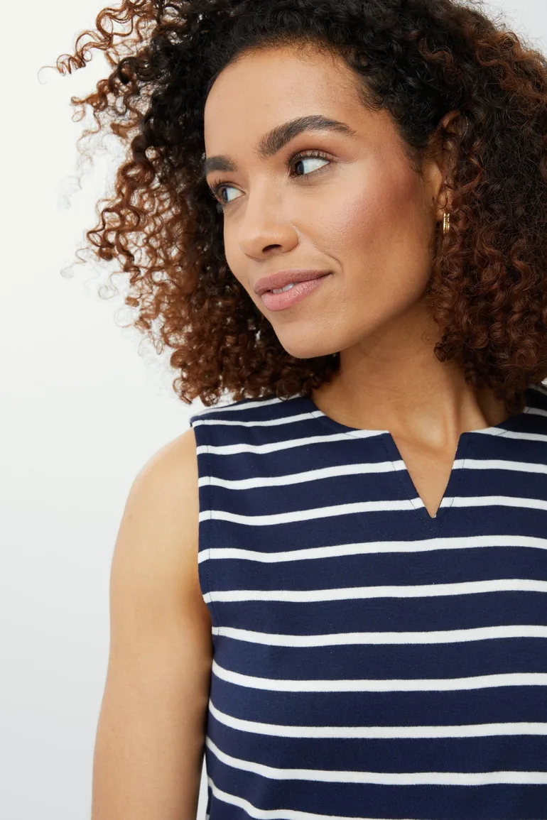 Sleeveless Breton Stripe Notch Neck Top - navy - 2