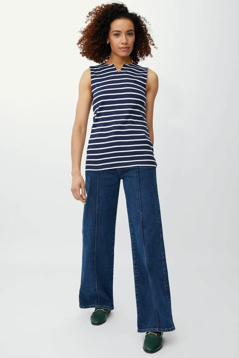 Sleeveless Breton Stripe Notch Neck Top - navy