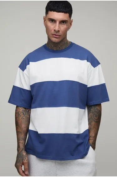 Tall Oversized Colour Block Stripe T-Shirt - navy