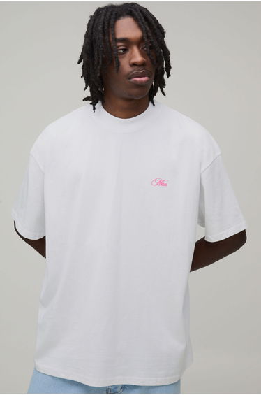 White Oversized Sakura Print Heavyweight Extended Neck T-Shirt - white
