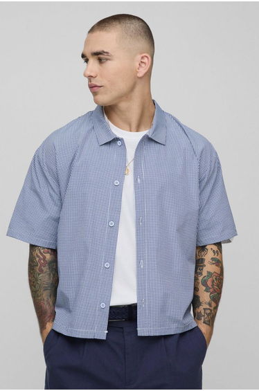 Oversized Boxy Micro Check Collared Shirt - blue